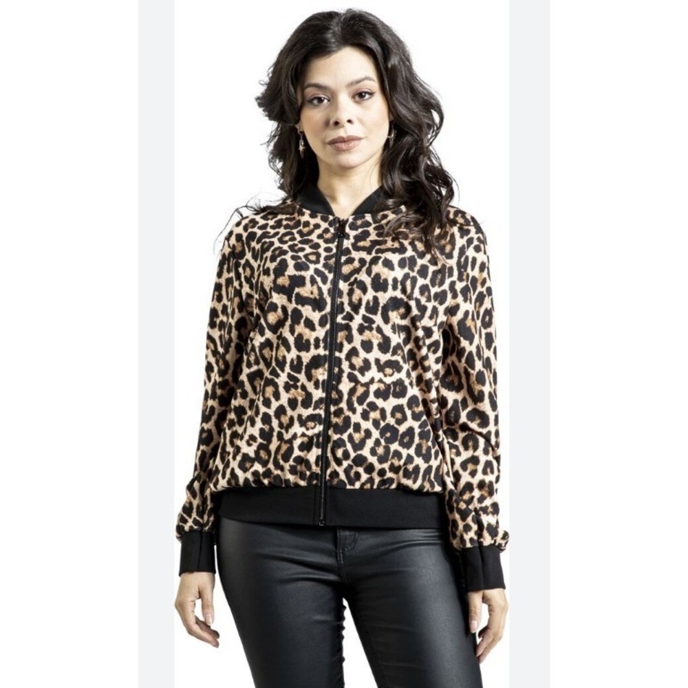 Leopard Print Bomber Jacket Tan Black Zip Up Lightweight Stretch Coat | XL